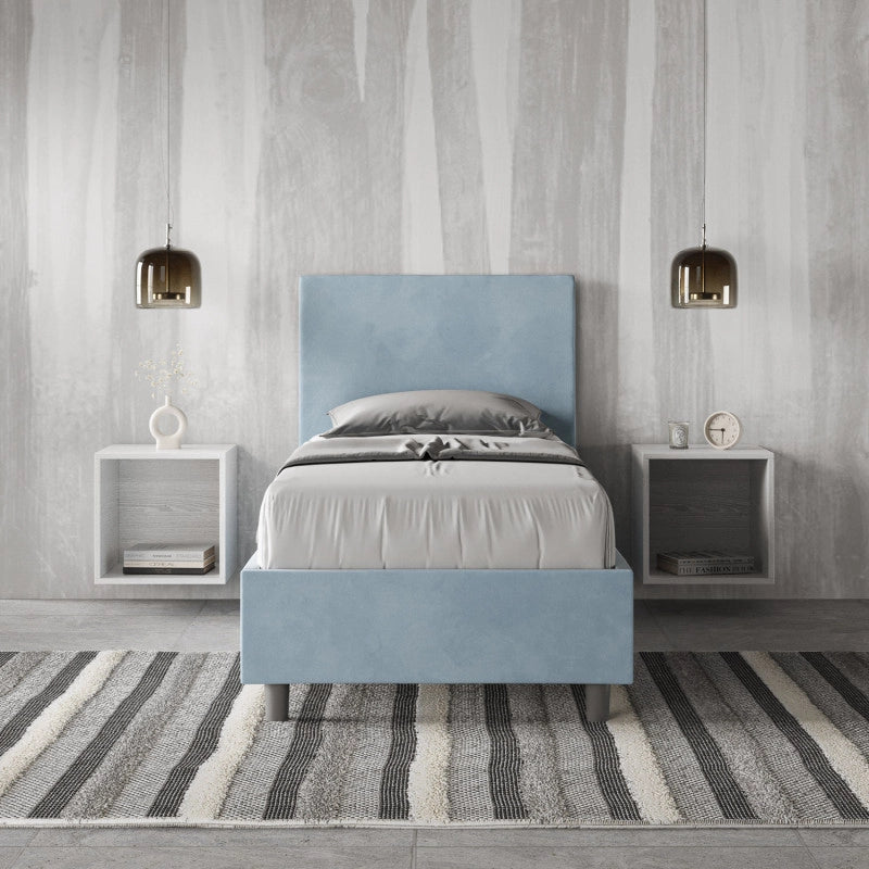 Letto imbottito Singolo 90x200 cm Adele - Con rete,Microfibra,Azzurro