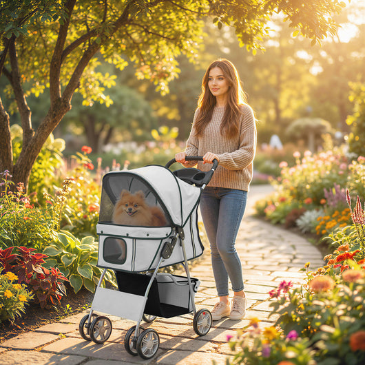 Passeggino per Cani Pieghevole con Catarifrangenti Freni e Cuscino Lavabile Grigio