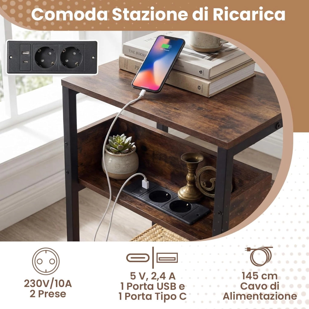 Tavolino Laterale a 3 Ripiani con Stazione di Ricarica, Mensole Aperte, Porte USB e Prese Elettriche, Tavolino Versatile Industriale per Soggiorno e Camera da Letto