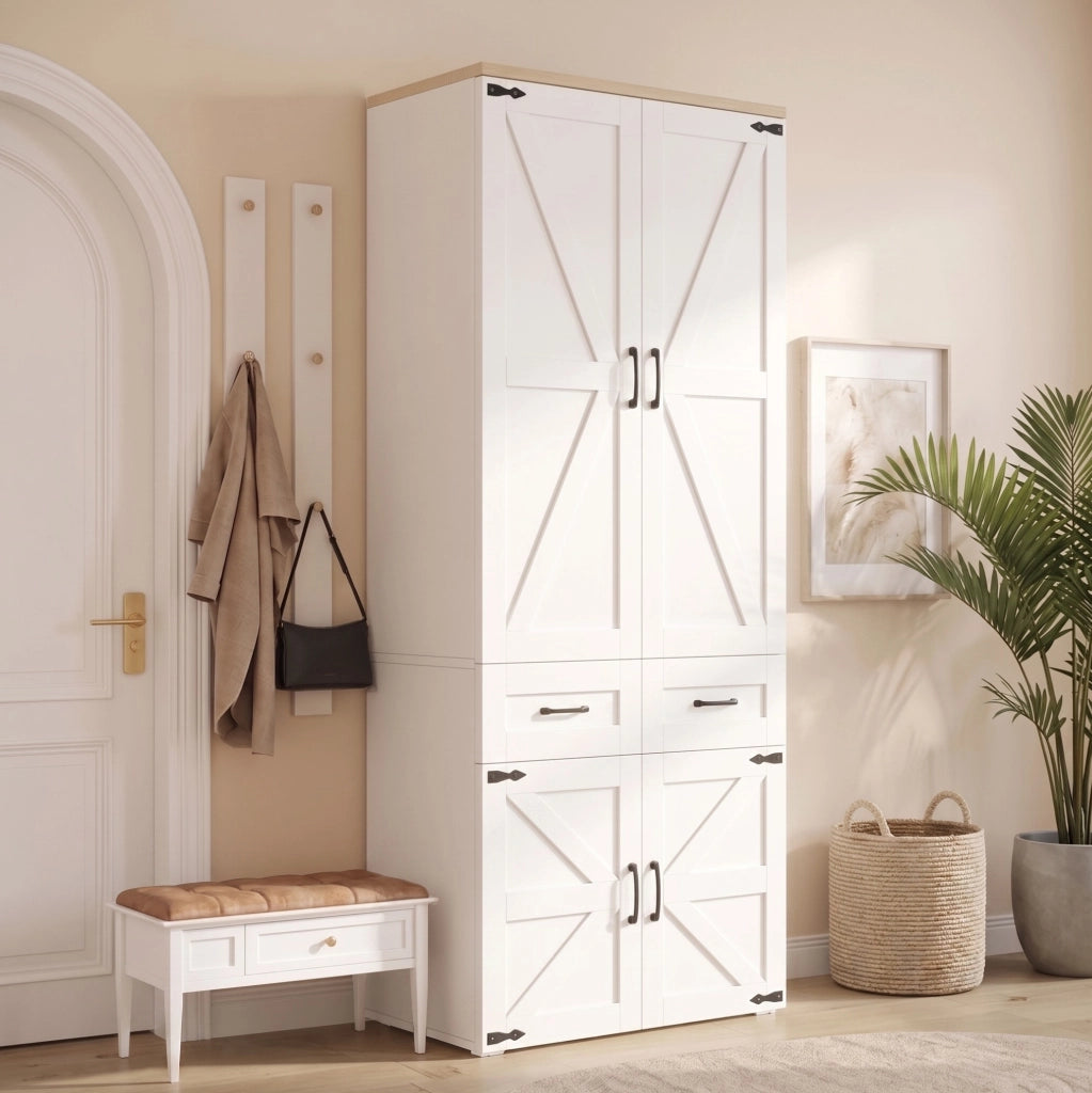 Armadio ULEVR 90x50x200 cm con 4 ante, 5 cassetti e 2 barre appendiabiti, MDF bianco stile rustico