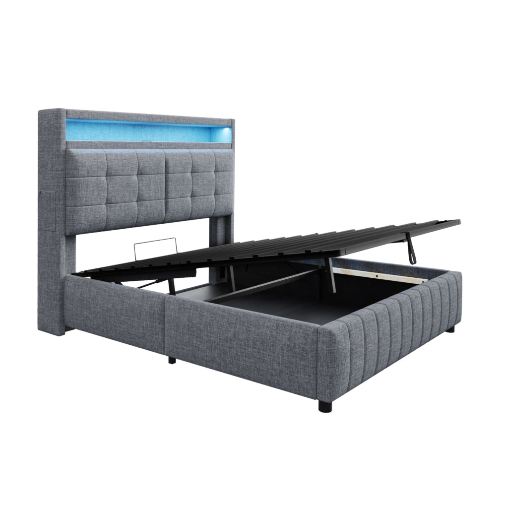 Letto matrimoniale imbottito 160x200 cm in tessuto effetto lino grigio con LED; USB e contenitore