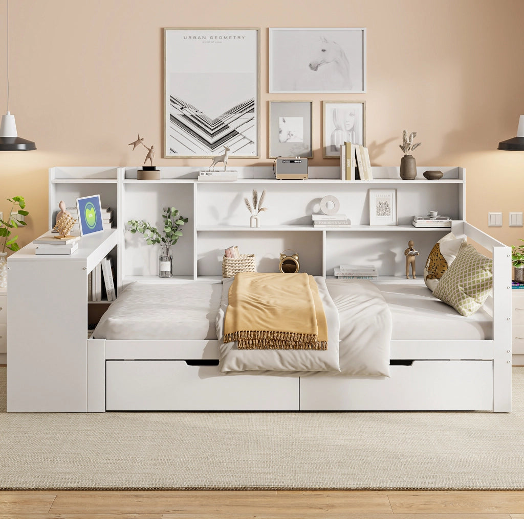 Letto 90x200 cm multifunzionale con scrivania e presa in legno bianco