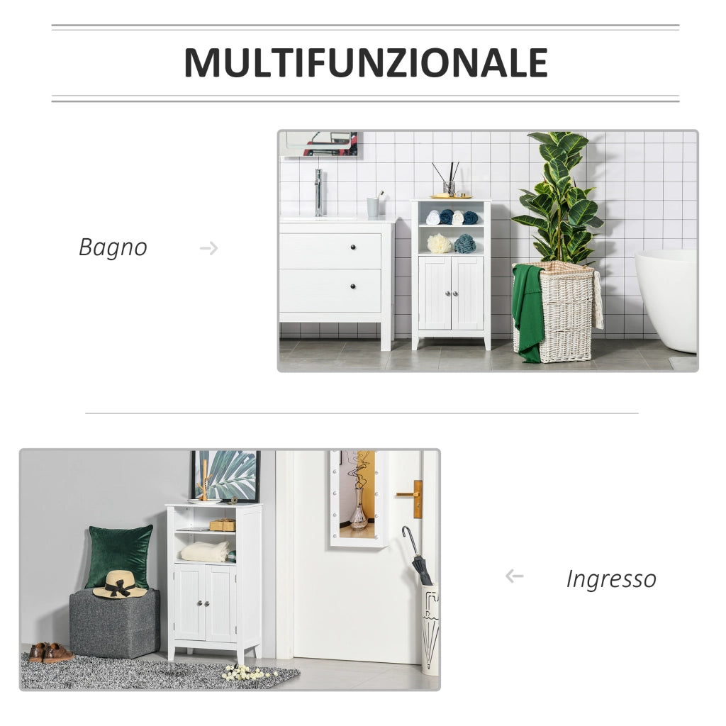 Mobile Bagno con Mensole Regolabili e Armadietto 2 Ante, Mobiletto Bagno Multiuso in Legno, Bianco, 50x30x93cm