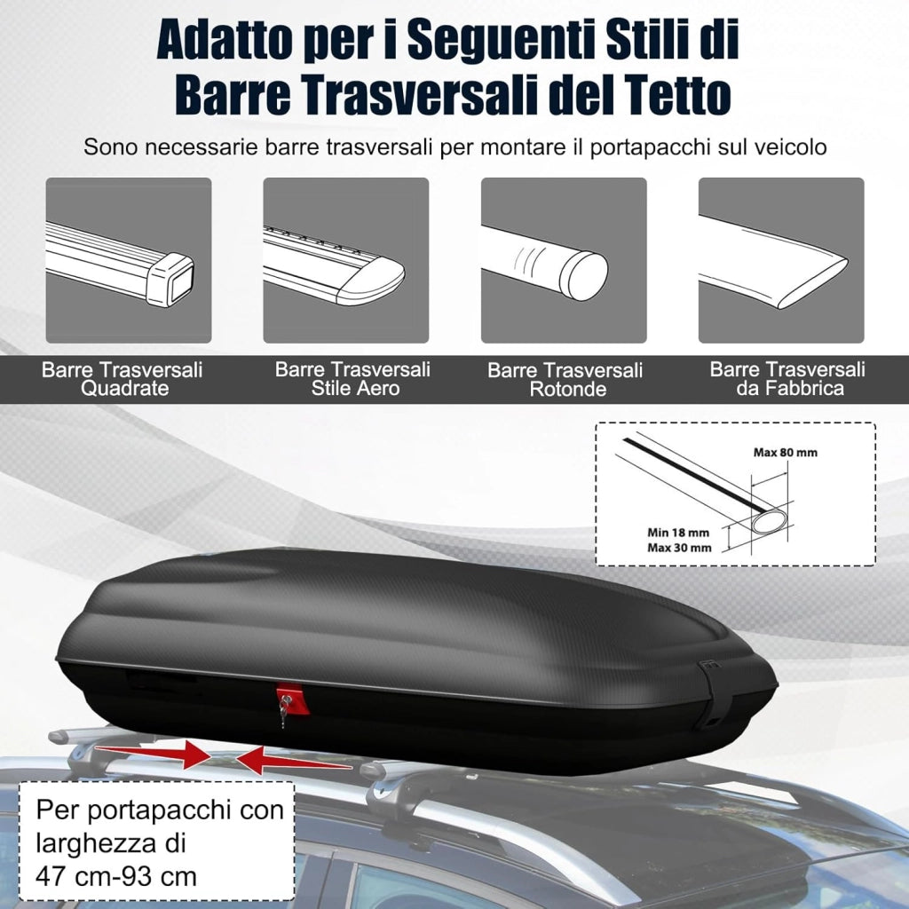 Box da Tetto per Auto XL, Baule Tetto Universale Rigido Impermeabile Super Resistente in Fibra Carbonio e Metallo, Portapacchi per Auto con Chiavi, Capacità 50 kg (132 x 77 x 31 cm)