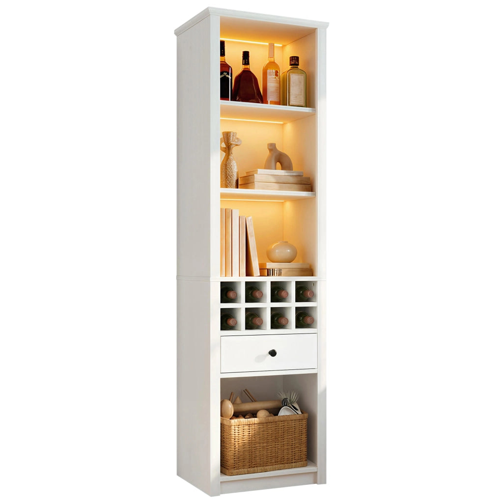 Vetrina con 1 cassetto e 12 vani con LED; per soggiorno; cucina e studio; in MDF bianco; 55×40×200 cm
