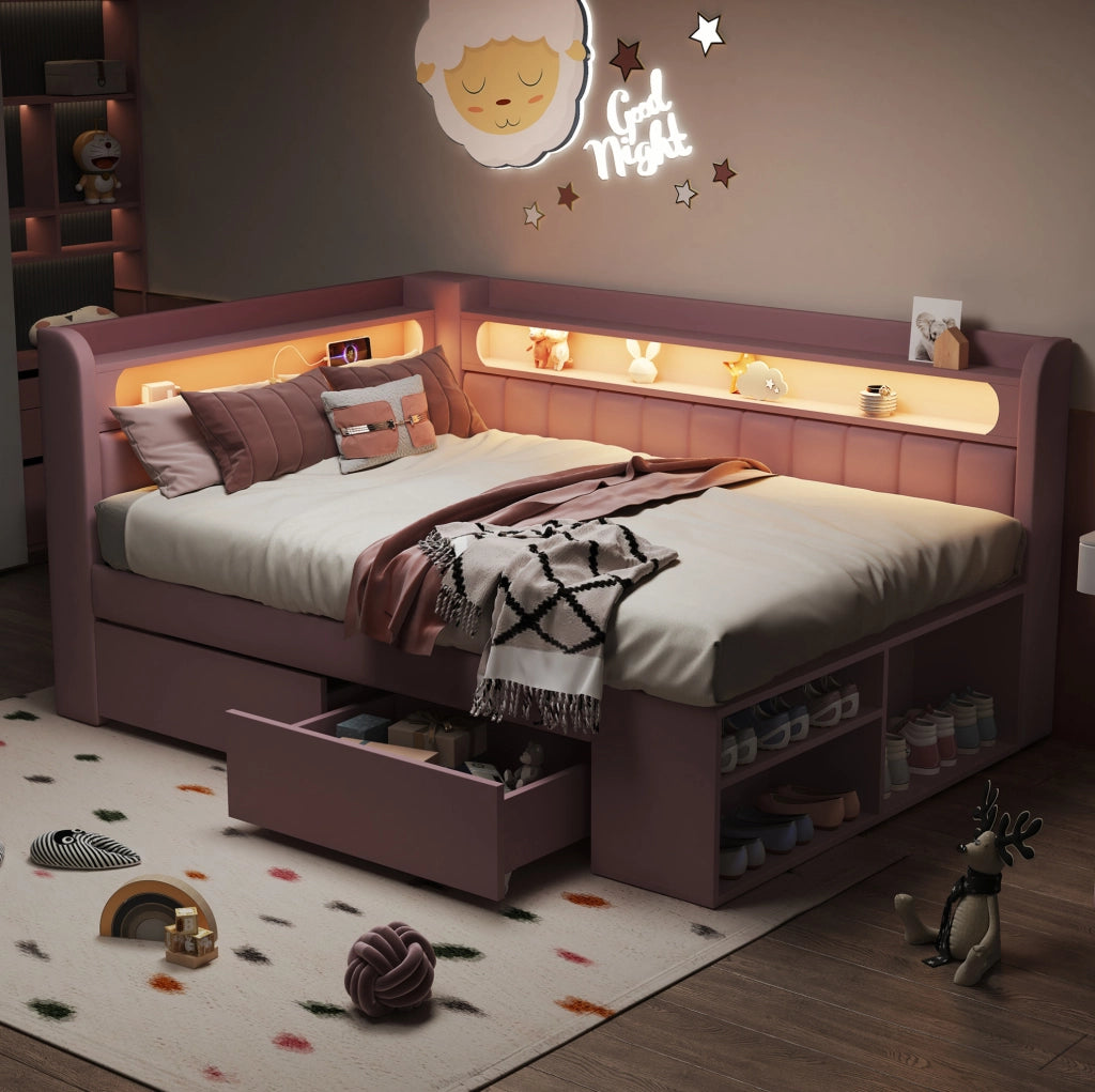 Letto imbottito 90x200 cm con USB; luce LED a 7 colori; 2 cassetti e scarpiera; rosa