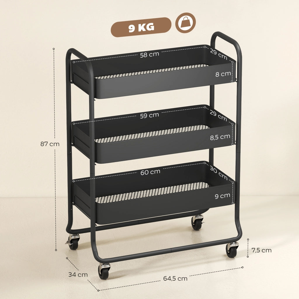 Carrello per Cucina con 3 Cestelli e 4 Ruote ¨C zephmum ¨C Nero, Metallo