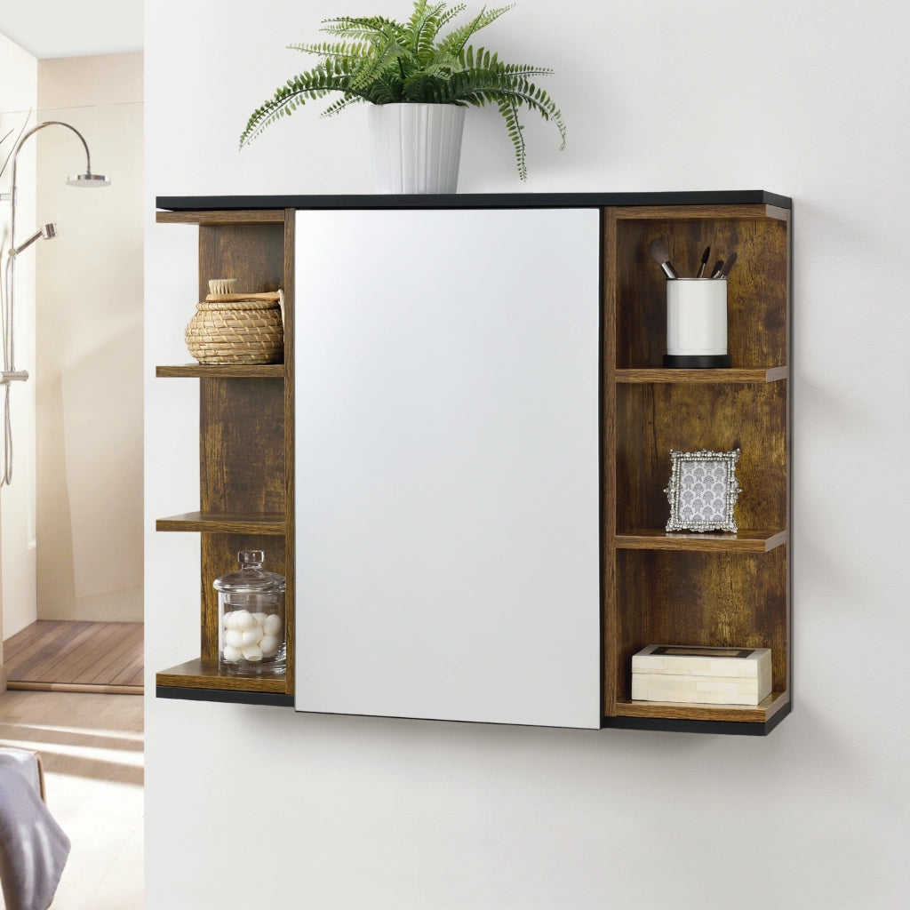 Armadietto da Muro Harstad per Bagno con Specchio Anta e Ripiani Laterali 64x80x20 cm - Effetto Legno Scuro/Nero [en.casa]