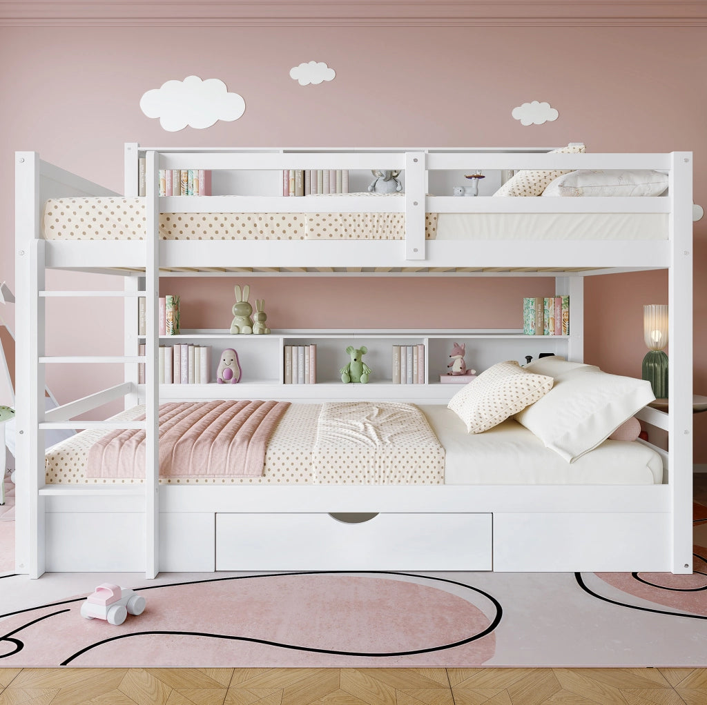 Letto a castello 90x200 cm con cassetto e vani portaoggetti; legno; bianco (Senza materasso)