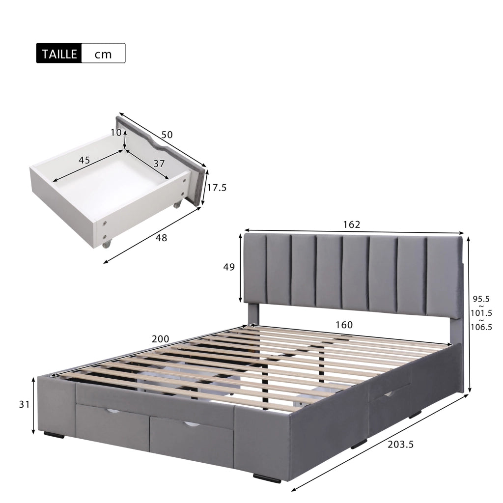 Letto con Cassetti 160×200 cm; Letto Matrimoniale con 4 Cassetti e Testiera Regolabile; senza Materasso; Grigio