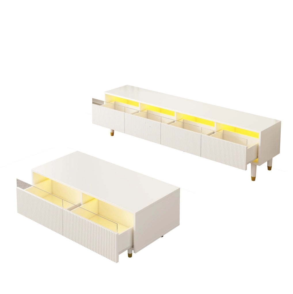 mobile TV 178x35x45 cm bianco con LED e vani contenitori, set di 2 pezzi