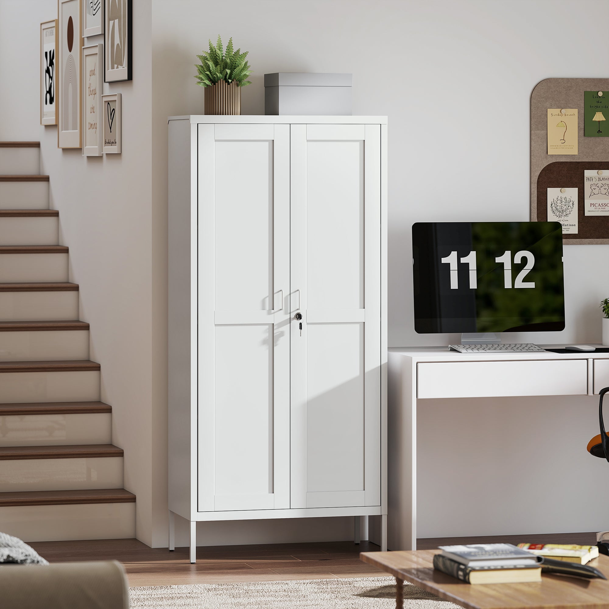 Armadio per Ufficio 80x40x175 cm a 3 Ripiani Regolabili con Serratura e 2 Chiavi in Acciaio Bianco