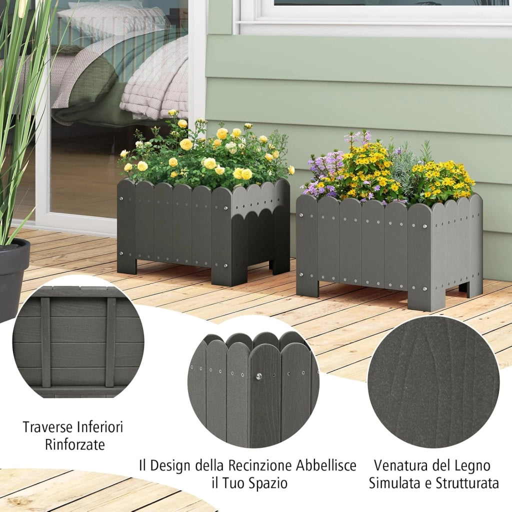 Set di 2 Fioriere in HDPE Resistente alle Intemperie con Aperture per Drenaggio, Aiuola Rialzata per Verdure, Fiori e Piante su Terrazzo, Giardino e Balcone, 45 x 32 x 30 cm (Grigio)