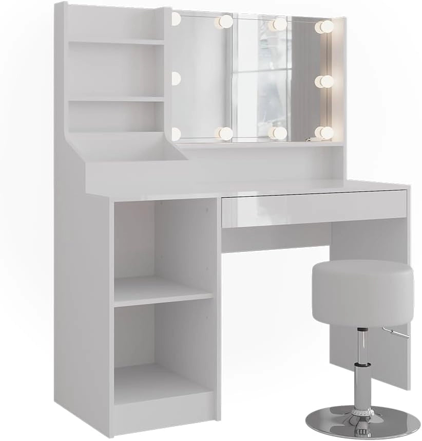 Tavolo da toeletta Sherry, Bianco/bianco lucido, 119.8 cm 7 parti