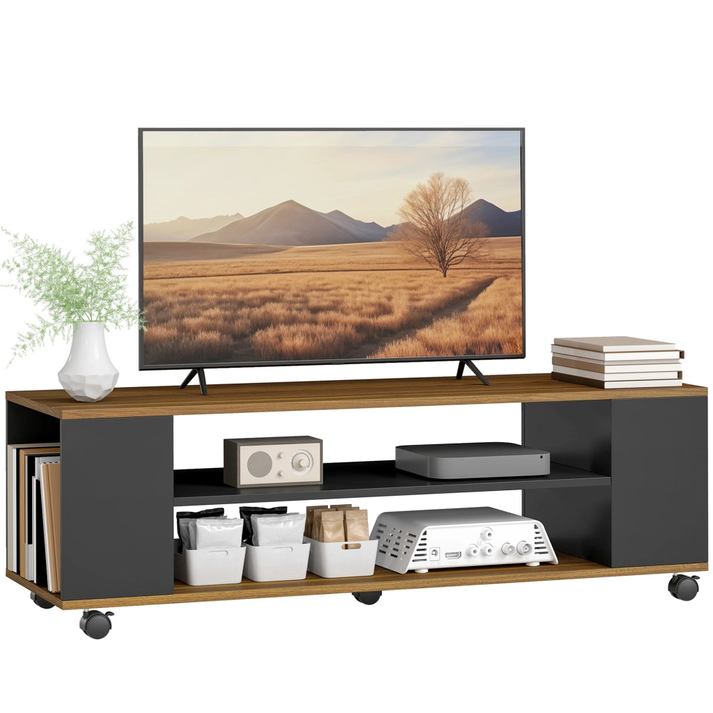 Mobile TV con ruote ¨C Xylo ¨C 4 ripiani, legno noce e nero, 120x40x38,5 cm