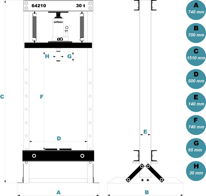 Pressa idraulica da officina, forza di pressatura 30 t, altezza regolabile, Pressa a telaio