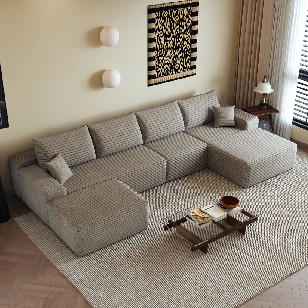 Divano angolare modulare con chaise longue a L in velluto a coste, senza montaggio, schiuma elastica, camel
