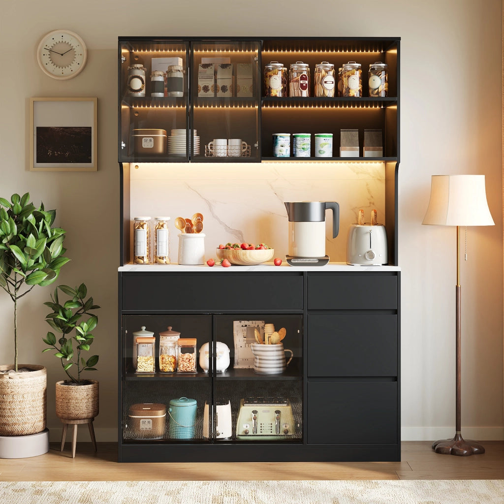 Credenza alta con LED e ante in vetro, cassetti e vani aperti, per soggiorno e sala da pranzo, 120 × 40 × 180 cm
