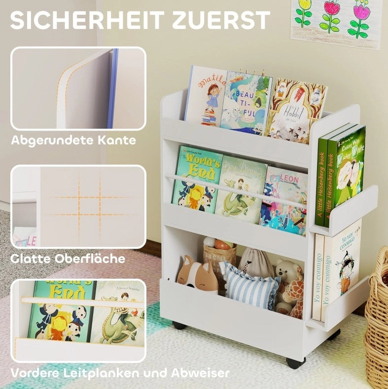 Scaffale libri bambini con lavagna e ruote, bianco
