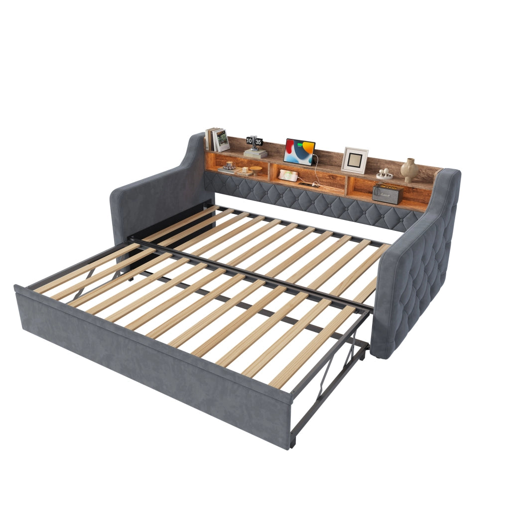 Divano letto 90x190 cm estraibile con testiera portaoggetti; LED e USB in velluto grigio scuro