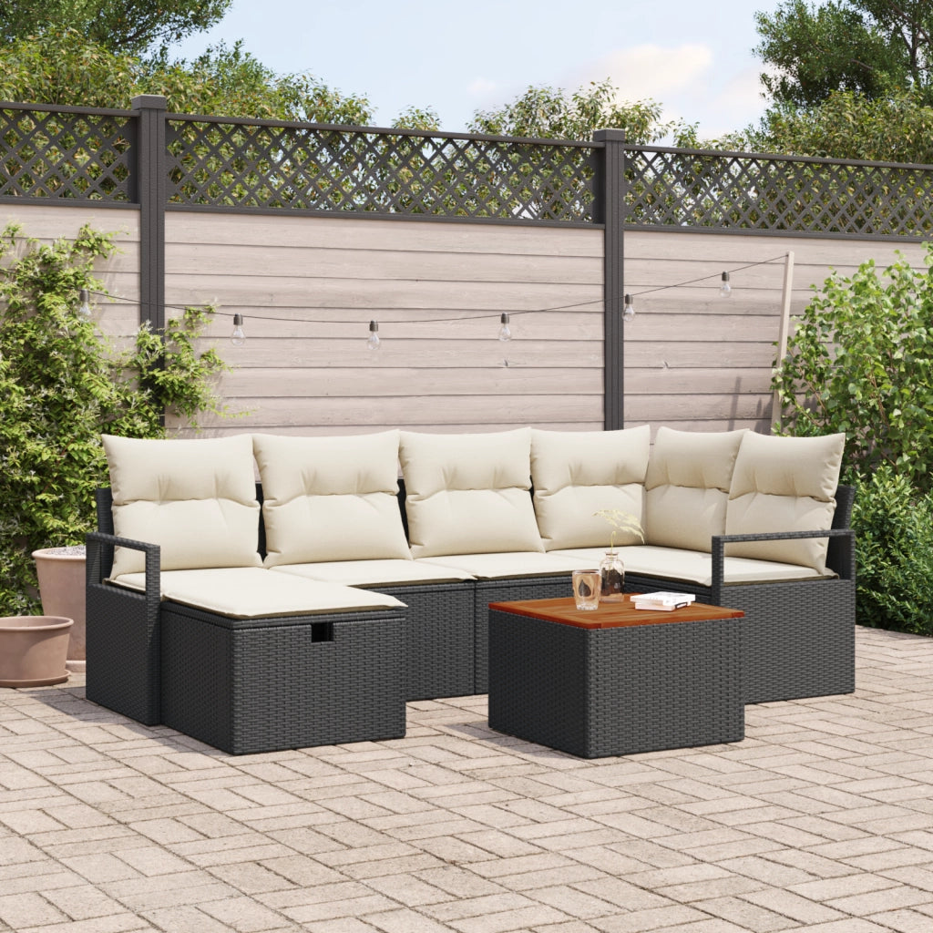 Set divano da giardino da 7 pezzi con cuscini in polyrattan nero