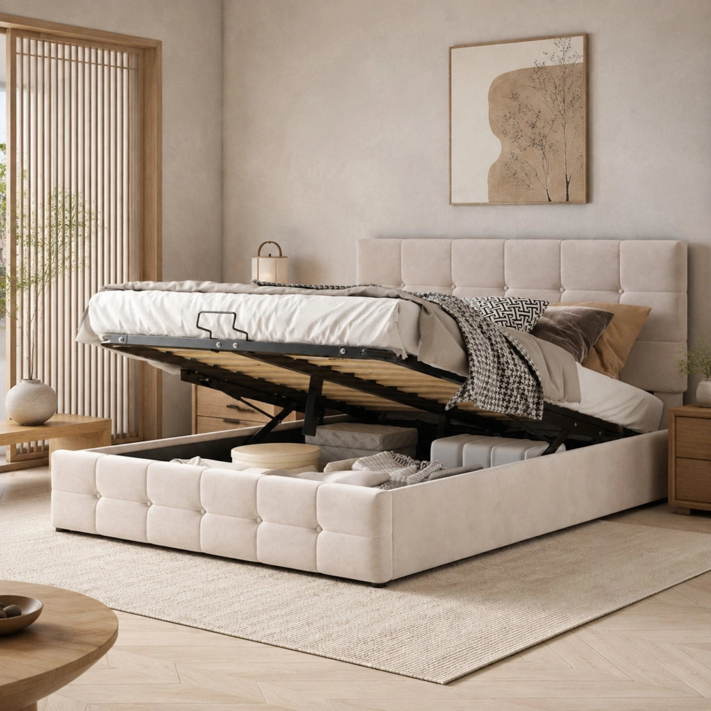 Letto matrimoniale imbottito 140x200 cm con contenitore idraulico; velluto crema