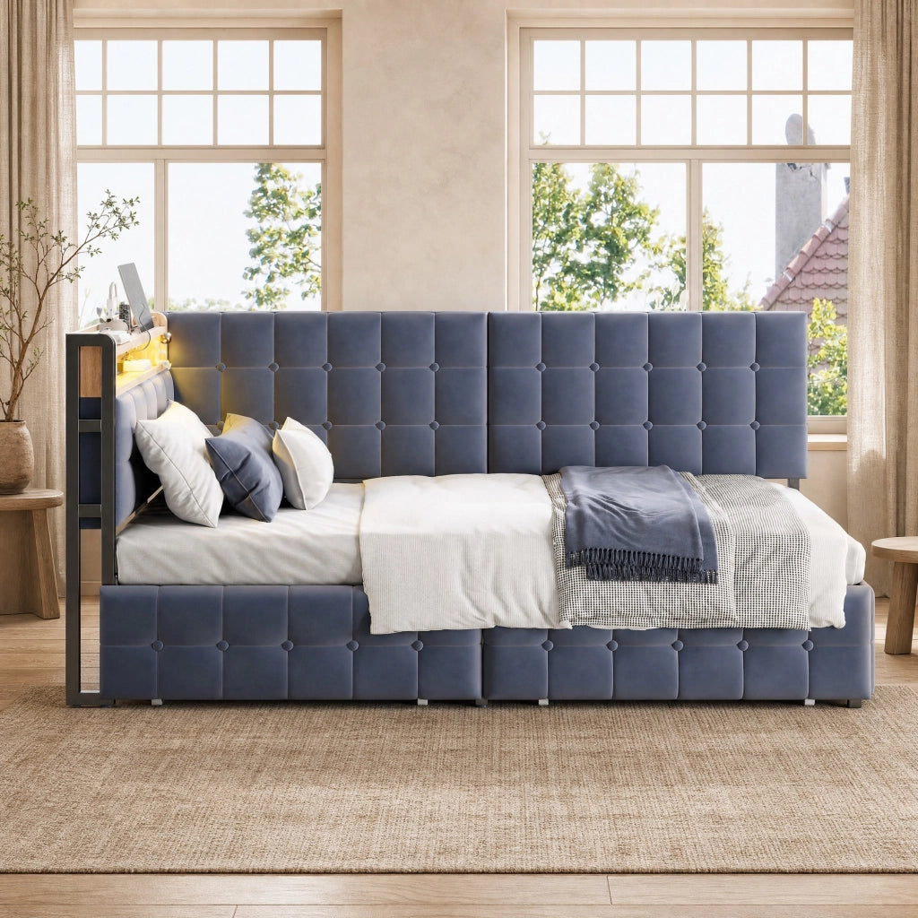 Divano letto imbottito 90x200 con LED, 2 cassetti e presa USB/Type-C