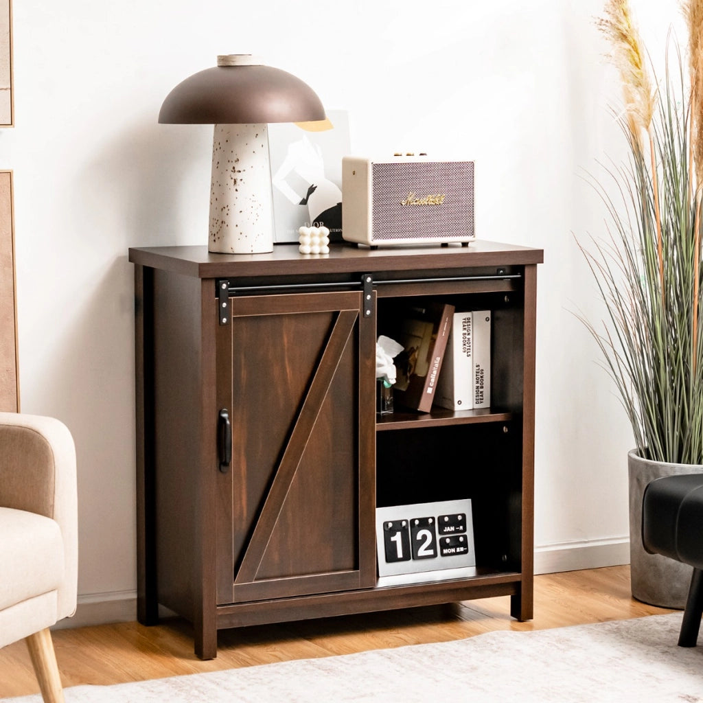 Credenza a buffet con porta a serranda scorrevole soggiorno-Mobiletto portaoggetti rustica per cucina Marrone