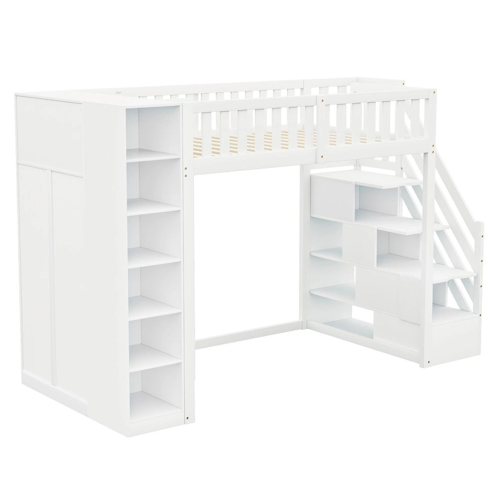 Letto a Soppalco Multifunzione ¨C MINIMAL ¨C Bianco 90x200 con Armadio, Scaffali e Scala