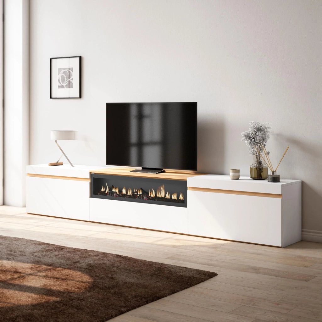 Mobile TV Soggiorno, 260x45x35cm, TV di grande formato, Camino elettrico, Bianco e Rovere soft