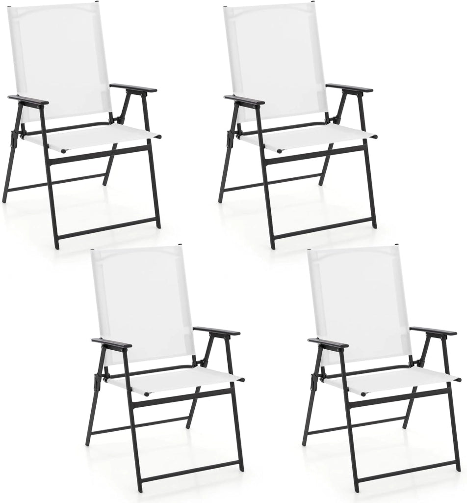 Set di 4 sedie da giardino pieghevoli, con schienale alto e bracciolo, in metallo e tessuto, portata fino a 150 kg (bianco, 4)