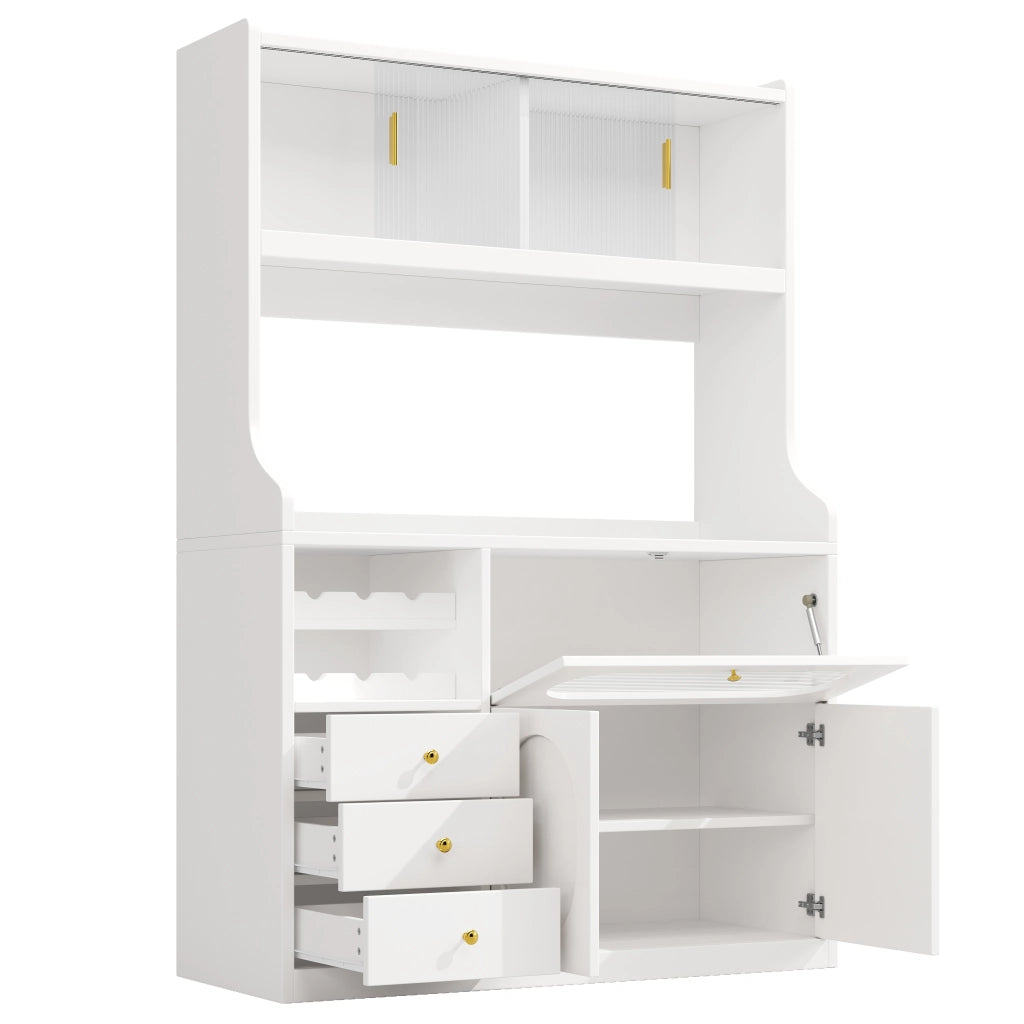 Credenza alta da cucina LED con 2 ante scorrevoli in vetro; 3 cassetti e ripiani regolabili; bianco; 120 × 40 × 180 cm