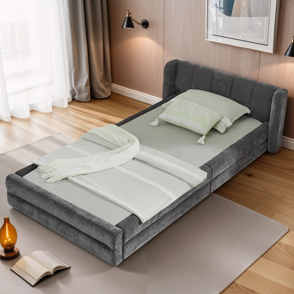 Letto singolo 90 × 200 cm con testiera ergonomica, senza materasso, in chenille, grigio scuro