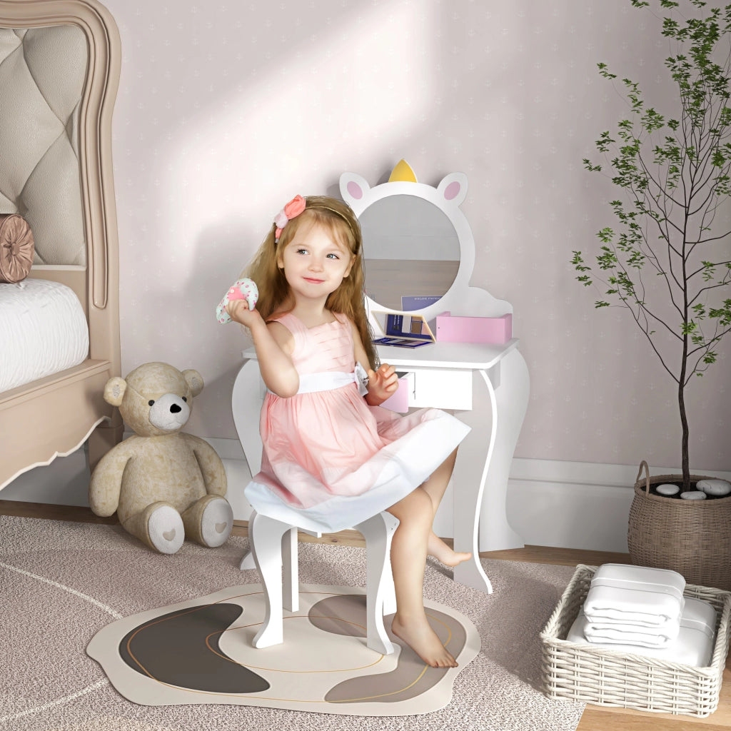 Tocador per bambini con specchio e sgabello ¨C zephmum ¨C design unicorno bianco