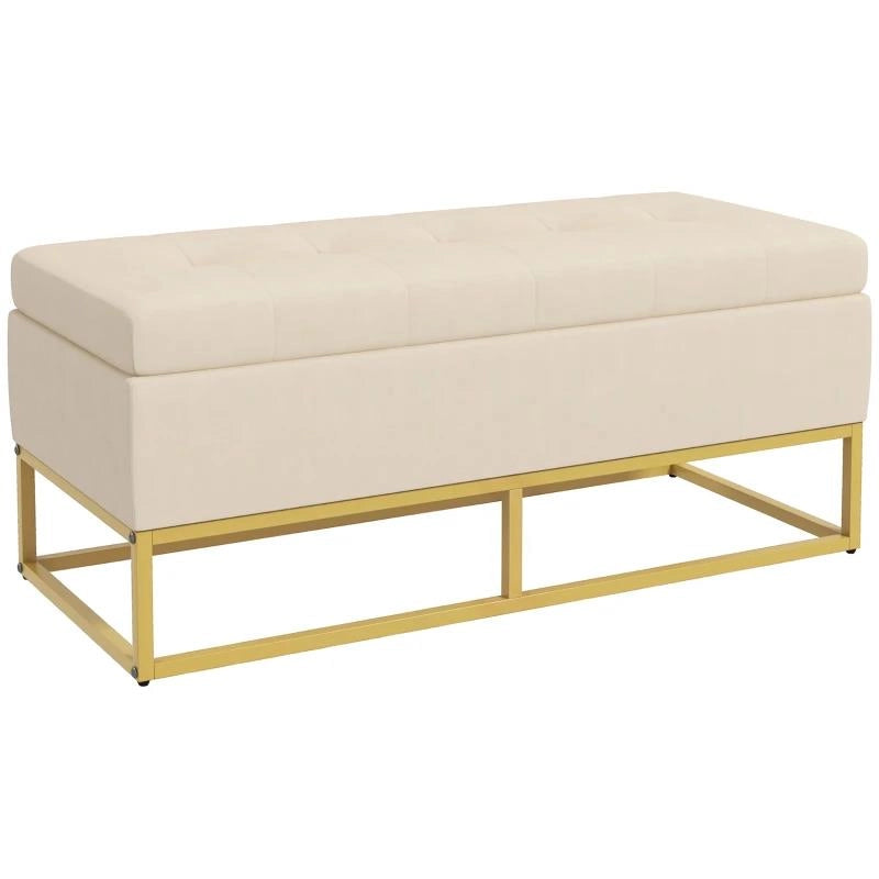 PANCA CONTENITORE RETTANGOLARE CON SEDUTA IMBOTTITA E GAMBE IN ACCIAIO, 110X44X49 CM, BEIGE