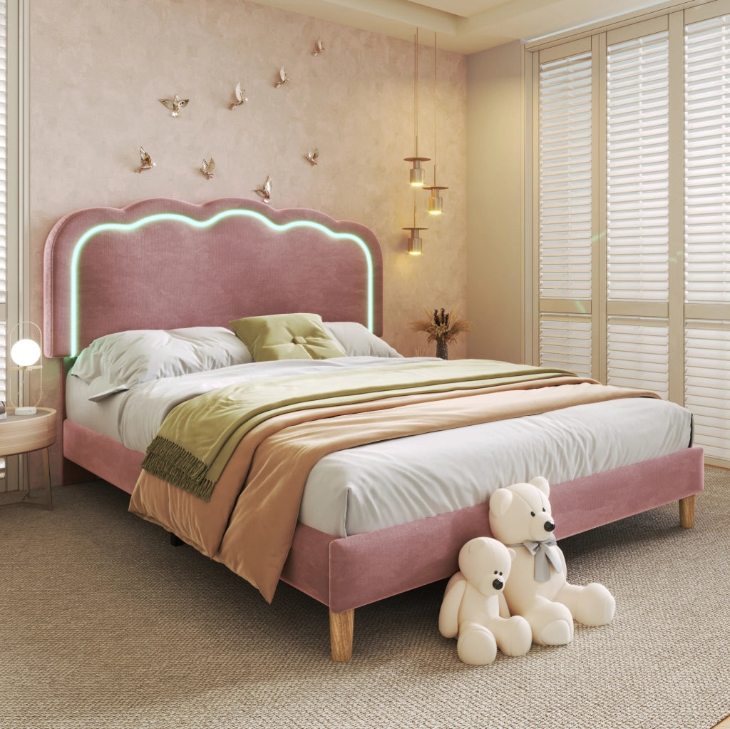 Letto matrimoniale 140x200 cm con testiera LED regolabile in velluto rosa