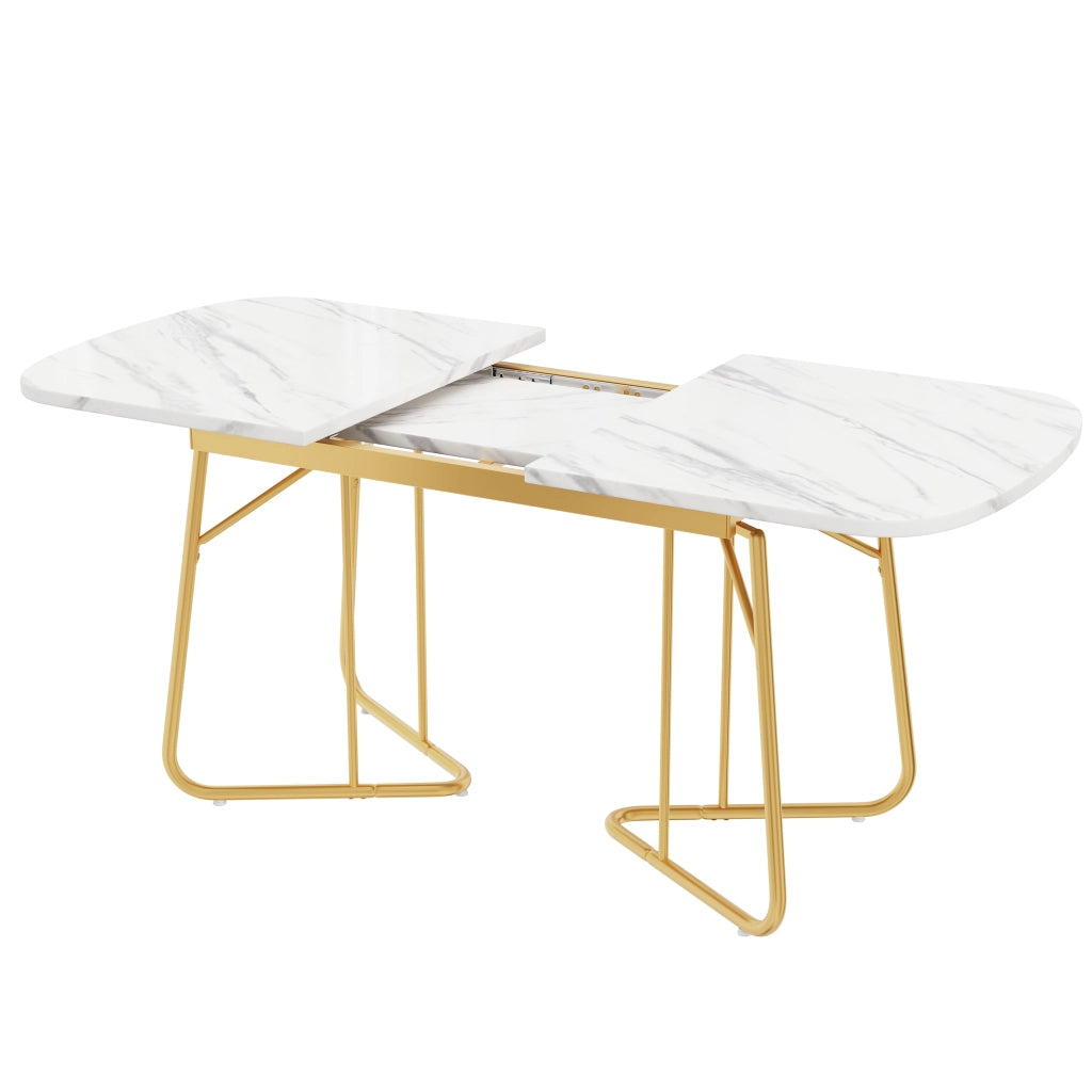 Tavolo allungabile da pranzo in MDF effetto marmo bianco con gambe in metallo dorato per sala da pranzo moderno