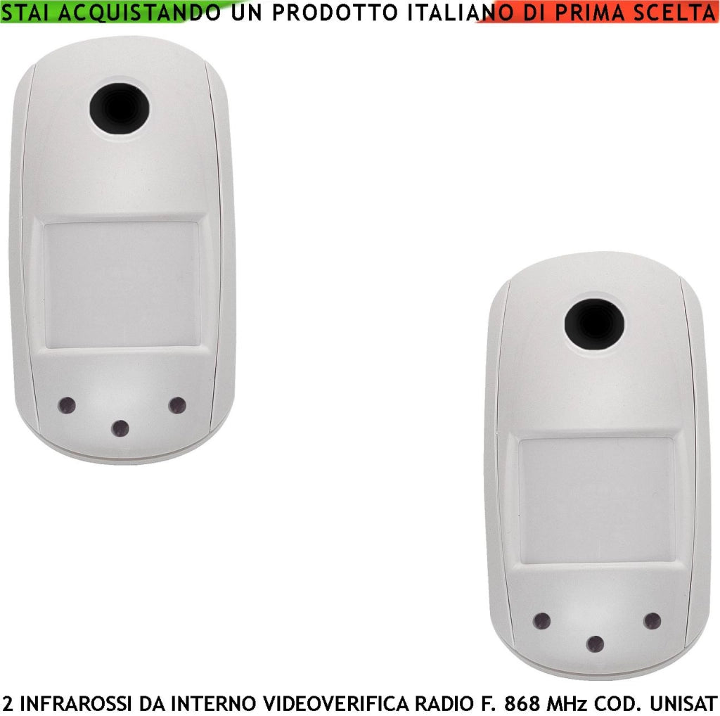 Sensore Movimento da Interno 2 Pezzi Rilevatore Infrarosso 12 Metri Grandangolo Fotocamera a Colori VGA 640X480 Videoverifica GPRS Visione Notturna Frequenza 868 MHz Bidirezionale UNISAT Anti Jamming