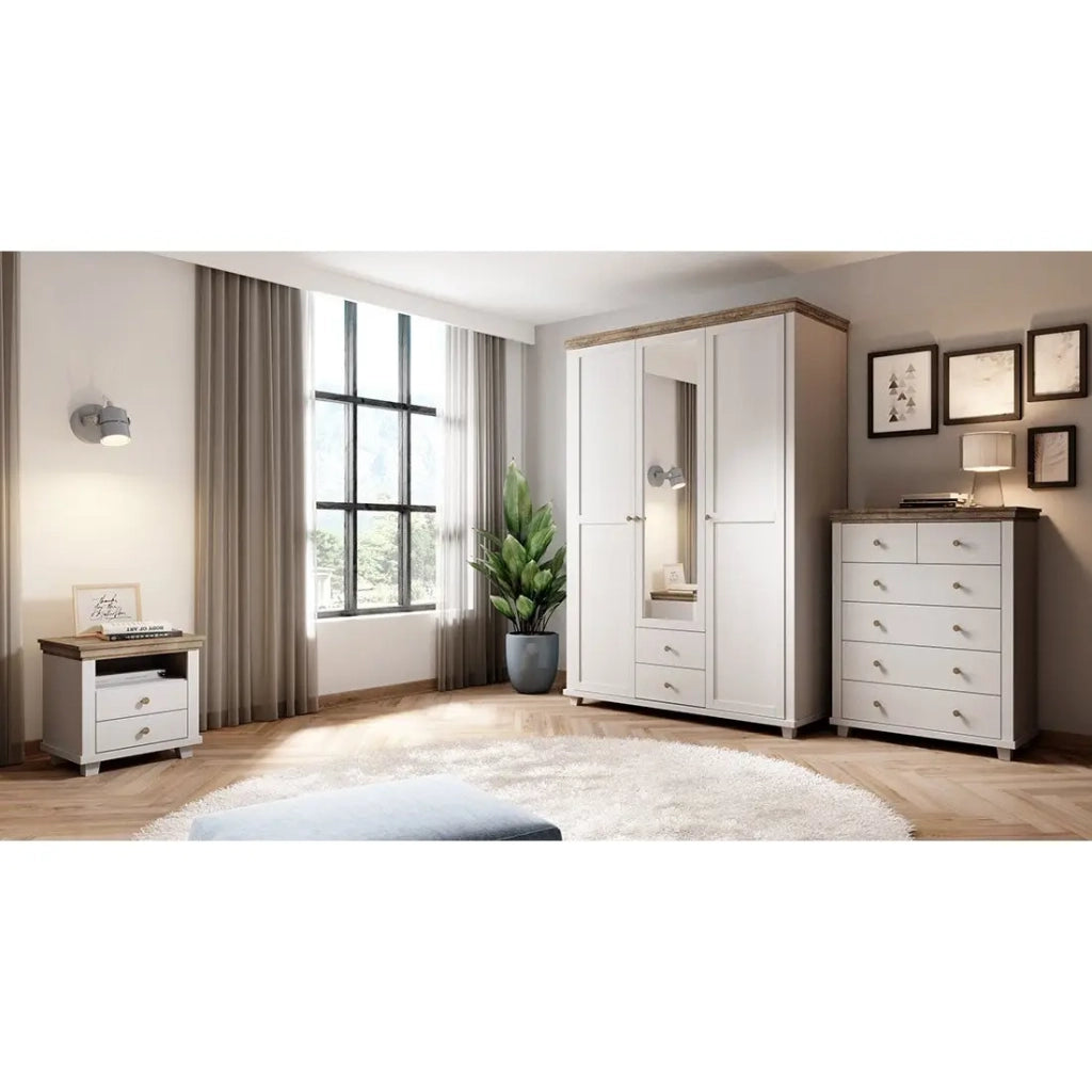 Tavolino da notte ASSIA – 2 cassetti + 1 vano – Bianco e rovere – Stile scandinavo