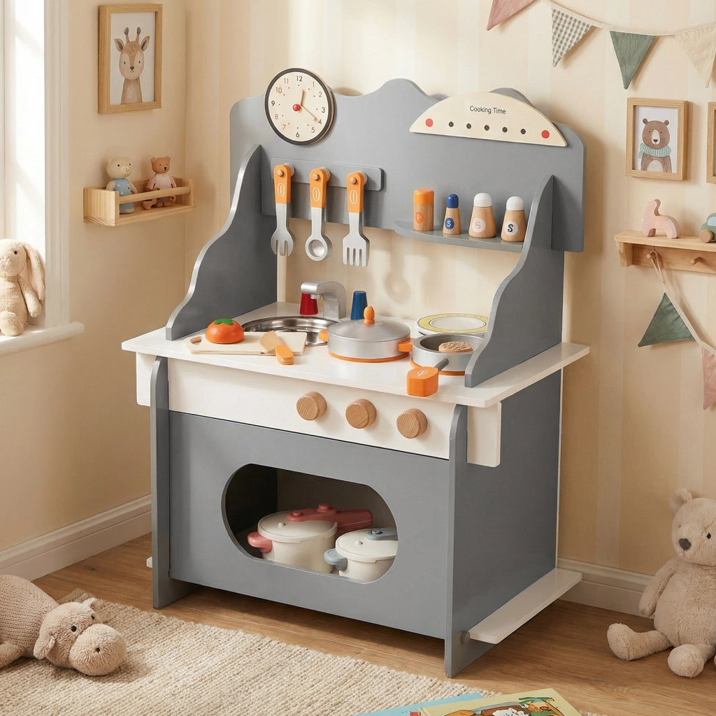 Cucina giocattolo legno bambini finzione orologio fornello porta spezie-Cucina rubinetto lavandino forno accessori completi bambini 3+anni Grigio