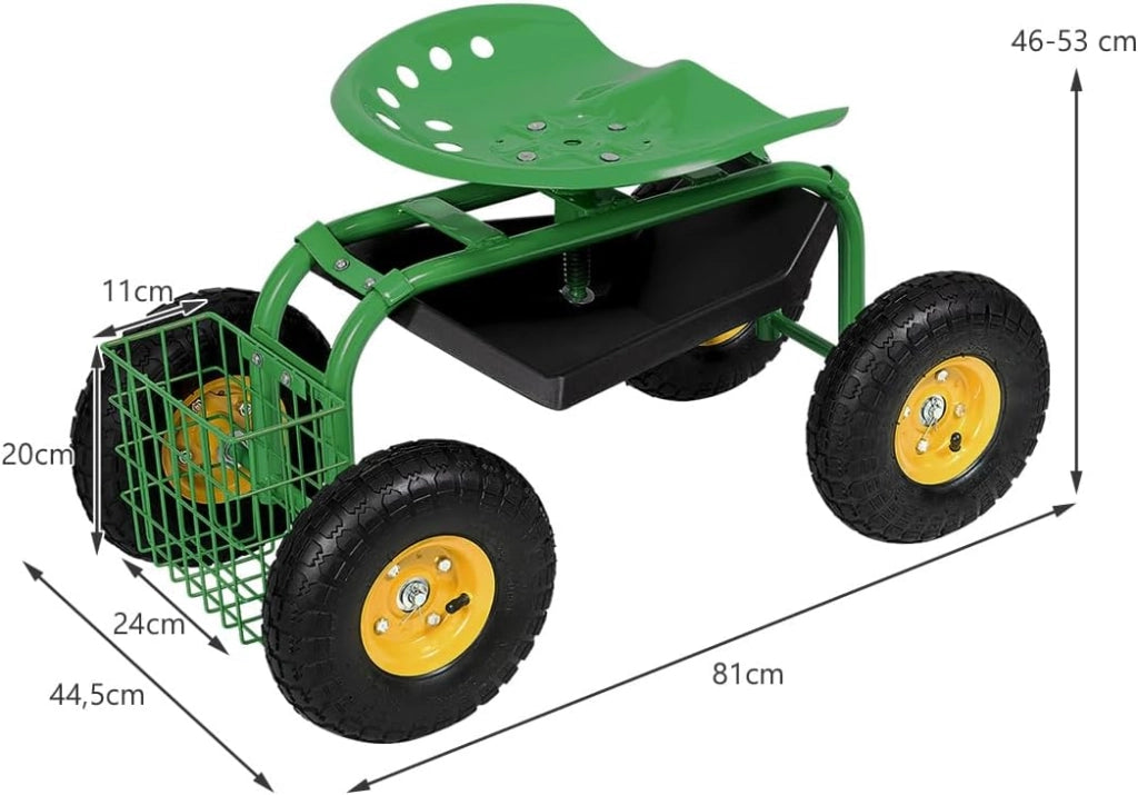 Sgabello da Giardino, Sgabello per Giardinaggio con Ruote, Sedile Regolabile in Altezza e Girevole a 360°, Cestello e Vassoio, Carrello per Prato e Giardino, Portata 150 kg(Verde)