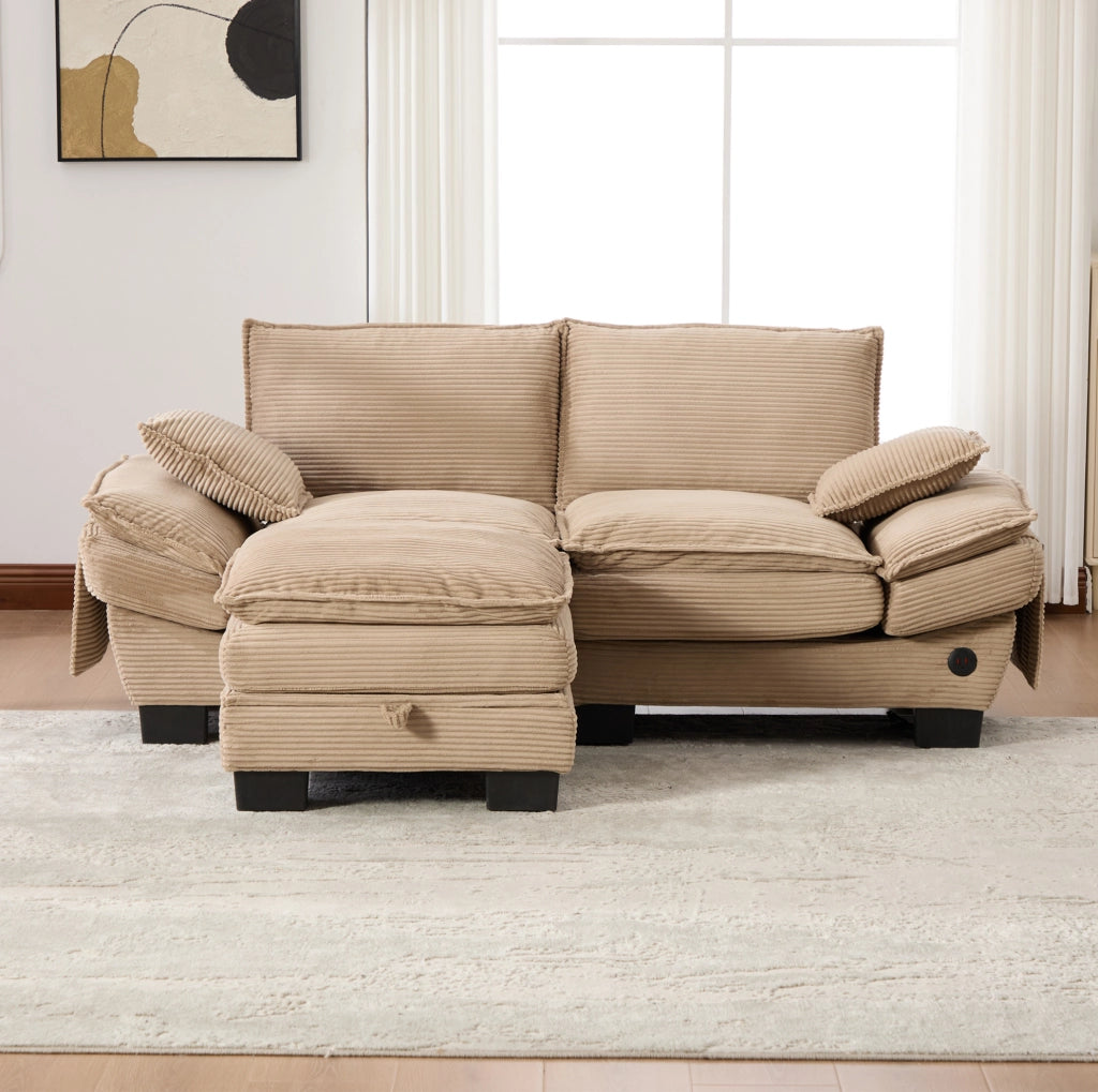 Divano 2 posti con pouf contenitore; USB-C; tessuto corduroy khaki; 190 cm