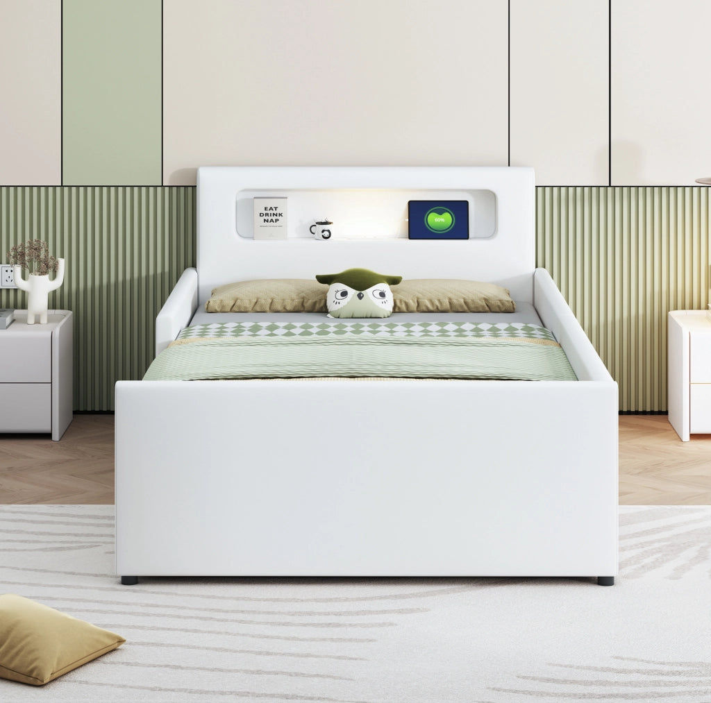 Letto per bambini 90x200 cm con luce notturna, USB e cassetti in similpelle bianca
