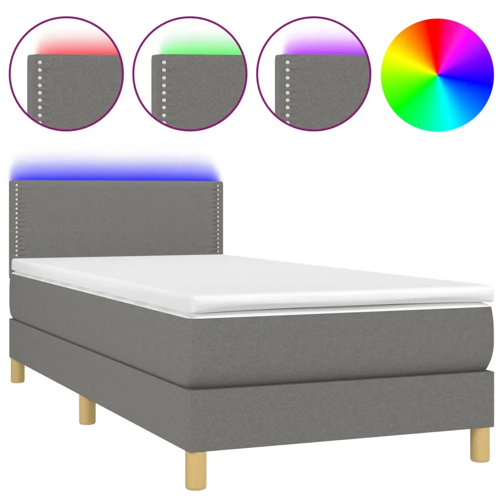 Letto singolo | Letto per adulti | Letto a Molle Materasso e LED Grigio Scuro 100x200cm in Tessuto