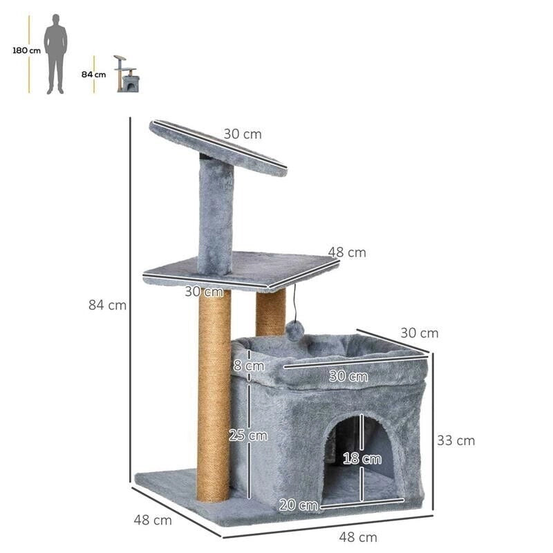 ALBERO TIRAGRAFFI PER GATTI CON PALI IN CORDA JUTA, CASETTA E CUSCINO PER GATTI, RIVESTIMENTO IN PELUCHE, ALTEZZA 84CM - GRIGIO