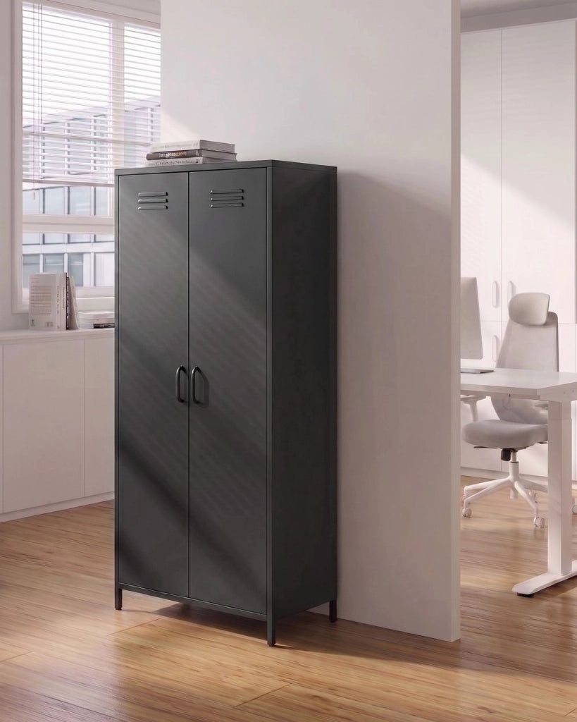 Armadio Portaoggetti Home Office Acciaio nero 2 Ante 4 Ripiani Design Industriale