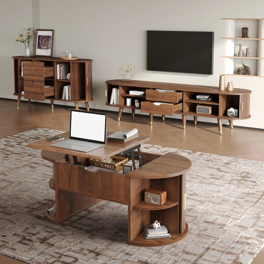 Set Soggiorno 3 Pz Mobile TV Credenza Tavolino ¨C MINIMAL ¨C Legno Ante Scorrevoli Gambe Oro