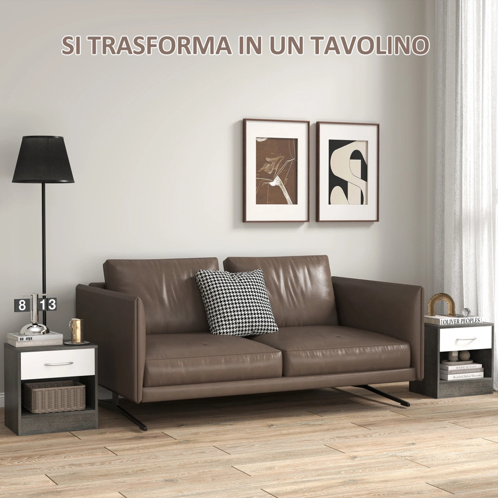 Set 2 Comodini con Cassetto e Ripiano Aperto 39x28x41 cm in Legno Bianco e Grigio Scuro