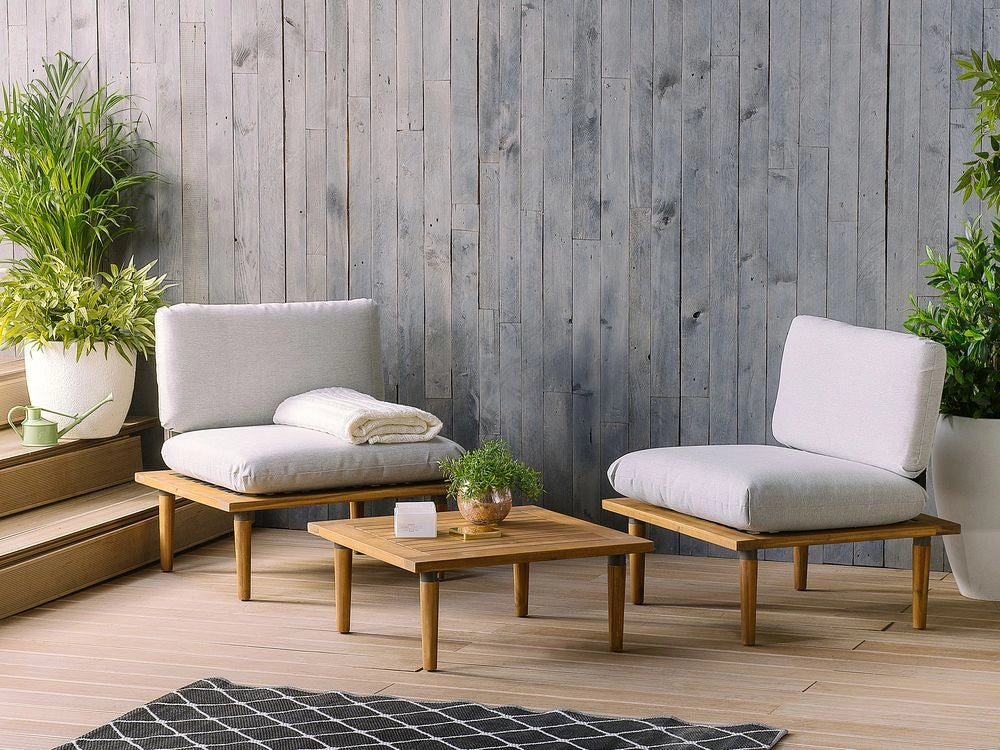 Set Divani Da Giardino Cuscini Grigi In Legno Massello Di Acacia Set Conversazione Da Esterno Moderno A 2 Posti Poltrone Con Tavolino Cuscini Grigi
