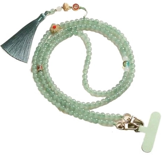Cordone telefonico con pennello, cintura con catena, collana per polso e spalla in metallo lucido verde per telefoni, borse e portafogli.
